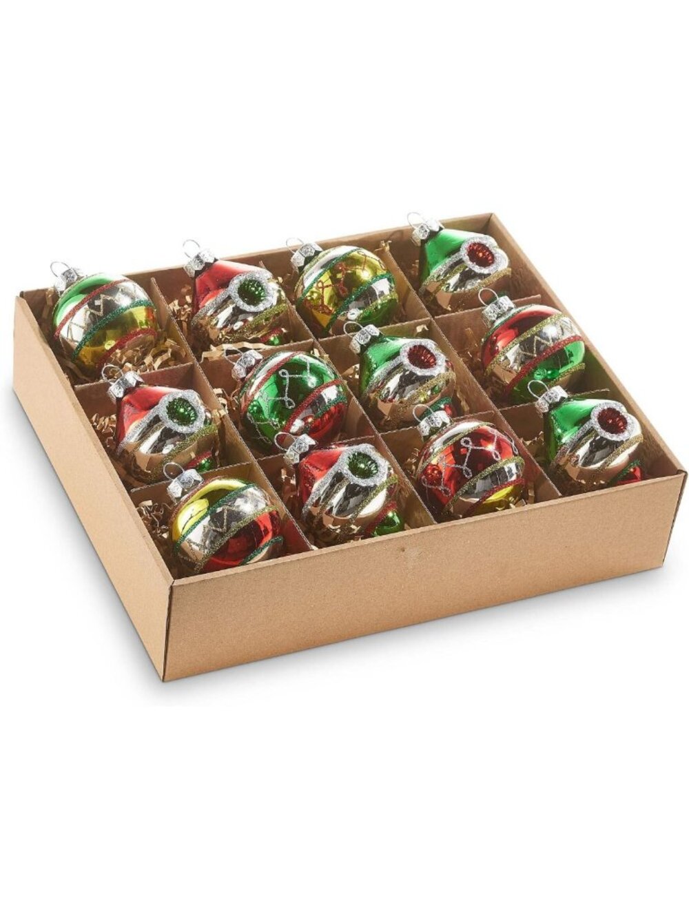 Vintage Traditional Christmas Tree Glass Ornaments - Set of 12, 3.25" Hanging